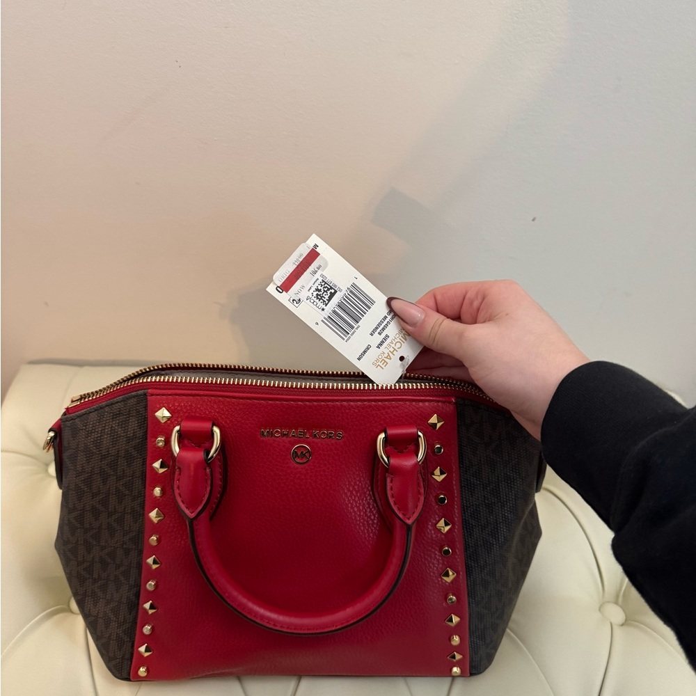 Michael Kors Red and Brown Studded Satchel